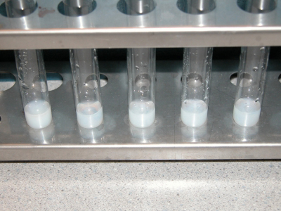 image: 1 cm3 of 0.01M AgNO3 and 1 cm3 of 0.01M KBr solutions were added to each test-tube