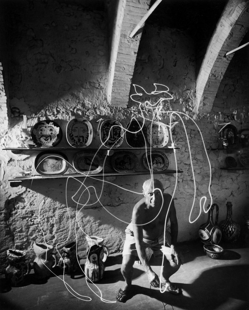 Premium Rates Apply. Artist Pablo Picasso painting with light at the Madoura Pottery.. (Photo by Gjon Mili//Time Life Pictures/Getty Images)