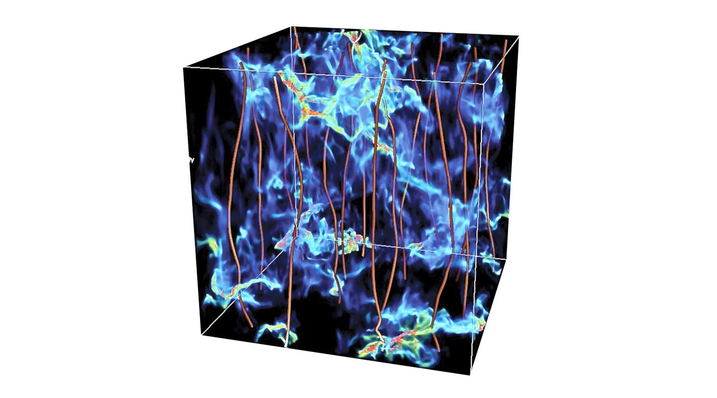 A numerical simulation, carried out by Dr. Frank Otto, of magnetized turbulent cloud. The red lines stand for B-ﬁeld directions. Colours stands for gas densities (Red–high and blue–low)