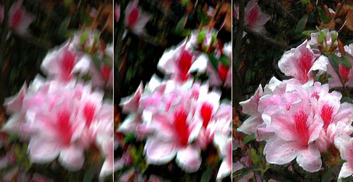 (left) Original image<br/>(centre) Deblurred output by edge sharpening technology<br/>(right) Deblurred output by CUHK's image deblurring technology