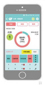 在DSE Wiki作答選擇題試卷後，程式會顯示各題題目難度和正確答案，而圖中綠色圓圈代表學生該次成績對應為文憑試第一級。（手機截圖）