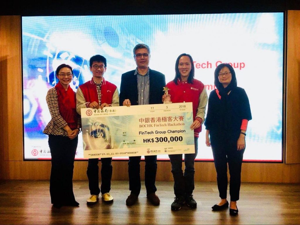 Dr. Gabriel Fung and Dr. Keith Wong, both from SEEM, won the championship (FinTech Group, HKD$300,000) of the BOCHK FinTech Hackathon