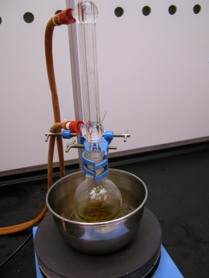 image: Heating the cinnamon barks in refluxing ethyl ethanoate (solid-liquid extraction)