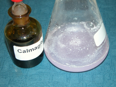 image: A few drops of Calmagite indicator solution was added to the sample solution