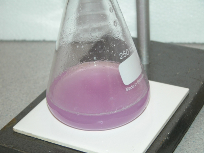 image: The sample solution is pink/wine red in colour before reaching the end-point