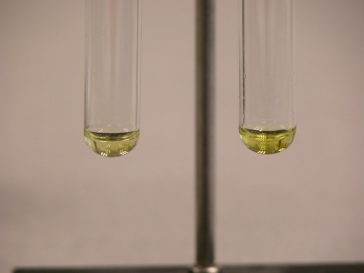 image: Fe3+ solution + NaF and Fe3+(EDTA) solution + NaF in the left and the right test tubes respectively 