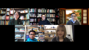 Three guest judges exchange their experience of creative writing with students. (From left on the upper row: Dr. Ha TSUI, host of exchange session; guest judges Prof. Po Chung CHOW and Prof. Sin Piu FAN) (From left on the lower row: Dr. Yui TONG, guest judge; Shi Wen SUN, awardee of Silver Award for “University Chinese II” category)