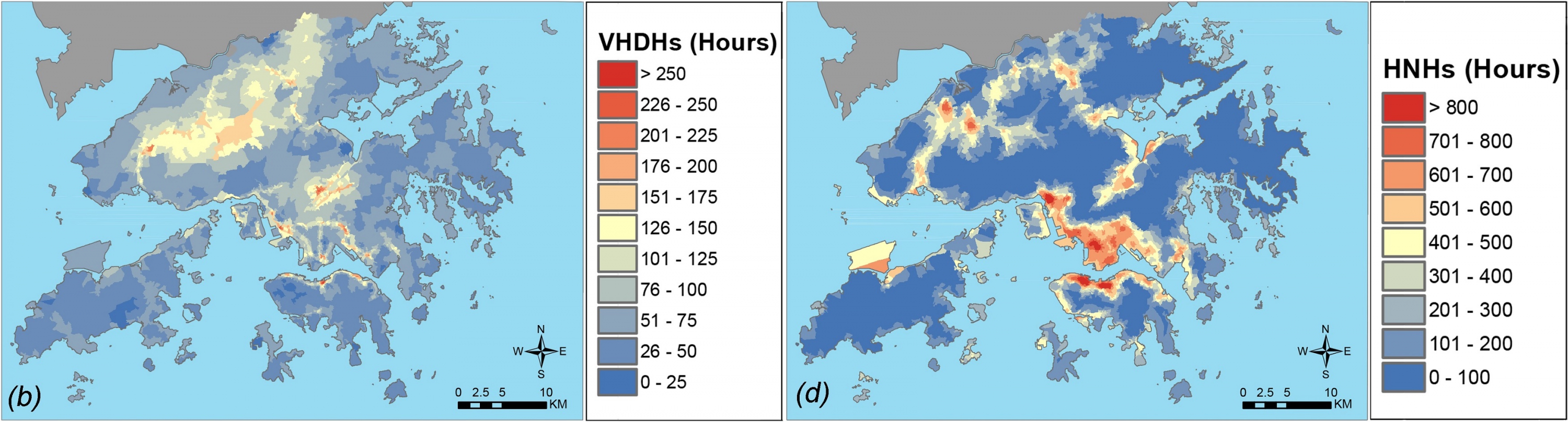 Congested environment, poor air ventilation and lack of green spaces in the urban area attribute to the spatial difference between very hot day hours for daytime (left) and hot night hours for nighttime (right).