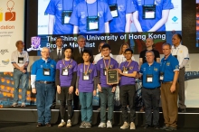 The CUHK Programming Team receives the bronze medal at the 43rd Annual World Finals of the International Collegiate Programming Contest. 
Front row: Poon Lik-Hang (2nd from left), Ho Ngan-Hang (3rd from left), Yik Wai-Pan (4th from right) and the coach Prof. Chan Siu On (3rd from right)