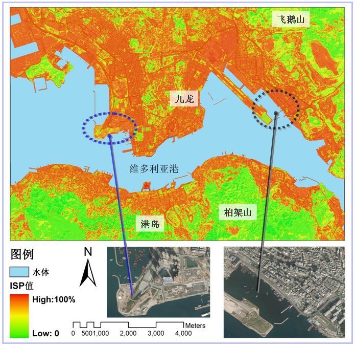 圖2 香港九龍港島地區不透水層衛星遙感監測 (2003年10月)
利用2003年10月18日SPOT 5衛星遙感圖像，獲取的香港維多利亞港兩岸城區不透水層百分比 (impervious surfaces percentage, ISP) 資料，位於九龍和港島的大部分城區具有很高的不透水層百分比，基本在60％以上，而位於圖像底部和右上角的郊野區域則低於40％。那些具有高ISP的城市地區，人居環境品質、城市排污以及防洪洩洪將受到嚴重影響。