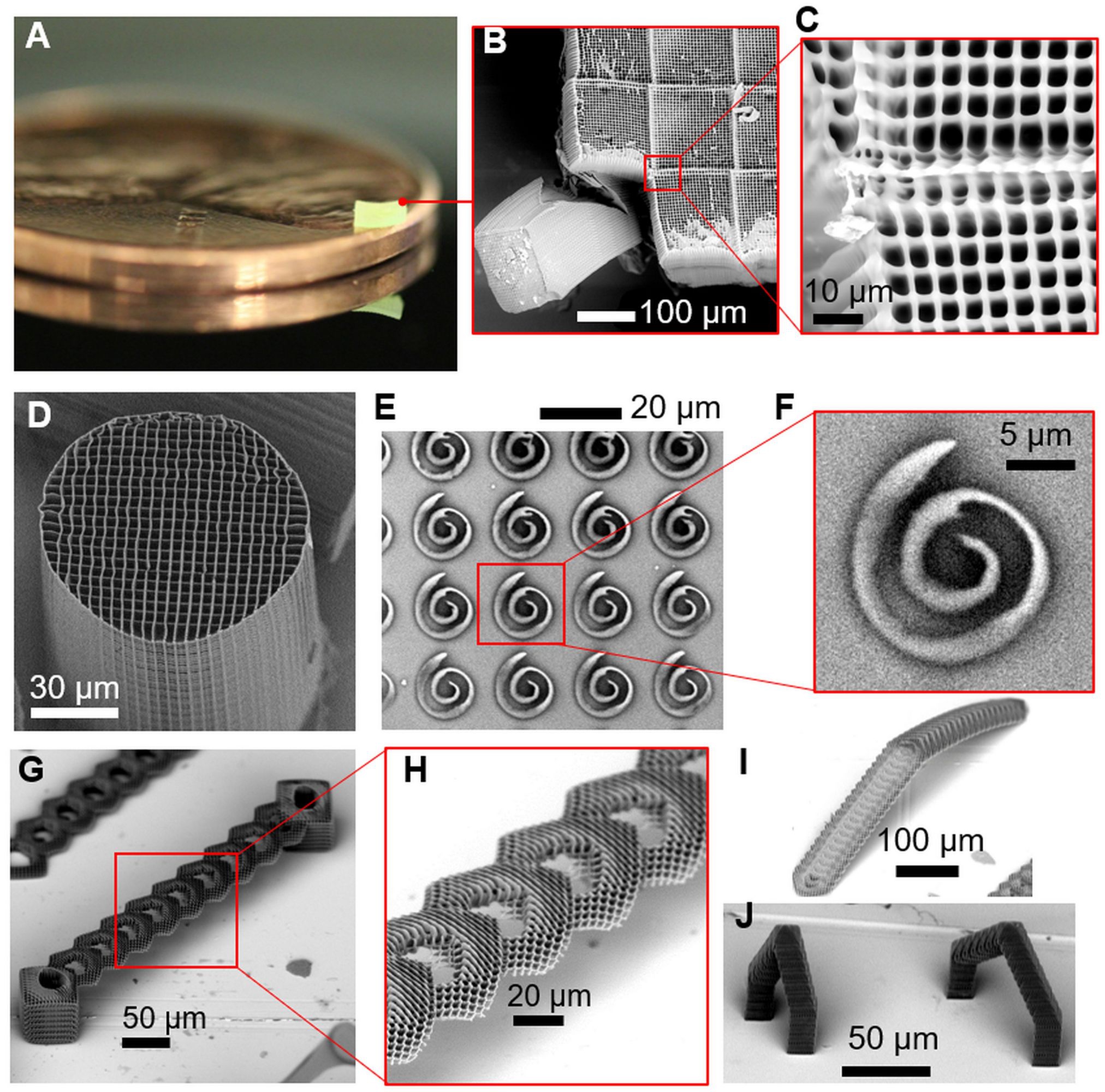 图1： FP-TPL打印技术以亚微米（即submicron，1微米以下）的精密度打印复杂的3D结构。
（A）－（C）放置在一枚美元一分硬币上的打印成品，为毫米级结构，当中包含了亚微米级之微型特征。打印时间为8分钟20秒，成品是2.20 mm × 2.20 mm × 0.25 mm长方体，3D打印速度为每小时8.7 mm3。若以现行常用的串行技术打印，需时数个小时。
（D）3D微型柱体，通过堆叠2D层进行打印，结构比例均匀，是串行扫描系统无法达到的精密水平。柱体与人的发丝粗细相当，内部更细密的打印结构清晰可见。
（E）和（F）几毫秒内完成单层扫描，毋需任何支撑平台亦能打印出曲线螺旋结构。
（G）－（J）通过拼接多个工作区域投影来打印出来的大跨度的悬垂3D结构，显示FP-TPL前所未有的打印能力。
（G）90度悬垂桥的结构，整道桥细节微小，悬垂部分占比高，当中结构达亚微米精密度，难以通过串行技术或其他现行技术进行打印。