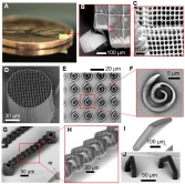 Fig. 1. Printing of complex 3D structures with submicron resolution via FP-TPL. (A to C) Millimeter-scale structure with submicrometer features supported on a U.S. penny on top of a reflective surface. The 2.20 mm × 2.20 mm × 0.25 mm cuboid was printed in 8 min 20s, demonstrating a 3D printing rate of 8.7 mm3/hour. In contrast, point-scanning techniques would require several hours to print this cuboid. (D) A 3D micropillar printed through stacking of 2D layers, demonstrating uniformity of printing that is indistinguishable from that of commercial serial-scanning systems. (E and F) Spiral structures printed through projection of a single layer demonstrating the ability to rapidly print curvilinear structures within single-digit millisecond time scales without any stage motion. (G to J) Overhanging 3D structures printed by stitching multiple 2D projections demonstrating the ability to print depth-resolved features. The bridge structure in (G), with 90° overhang angles, is challenging to print using point-scanning TPL techniques or any other technique owing to its large overhang relative to the size of the smallest feature and the submicron feature resolution.