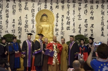 Prof. Joseph J.Y. Sung, Vice-Chancellor and President of CUHK, presents the certificate of Honorary Degree of Doctor of Social Science to Master Hsing Yun in Taiwan.