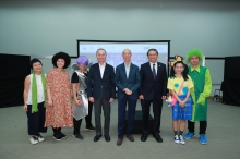 A group photo of Professor Fok Tai-fai (4th left), Pro-Vice-Chancellor and Vice-President of CUHK and Chairman of the Steering Committee for Jockey Club Museum of Climate Change, Mr Wong Kam-sing and Professor Rocky S. Tuan, and the cast of Combating Climate Change: Towards a Low-carbon Future.