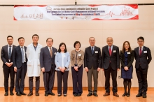 The Symposium was officiated at by Dr CHAN Hon-yee, Director of the Department of Health (sixth from left), Ms. Imelda Chan, HKJC Head of Charities (Grant Making – Elderly, Rehabilitation, Medical, Environmental &amp; Family) (fifth from left), and  Professor FOK Tai-fai ,Pro-Vice-Chancellor of CUHK (fourth from right).