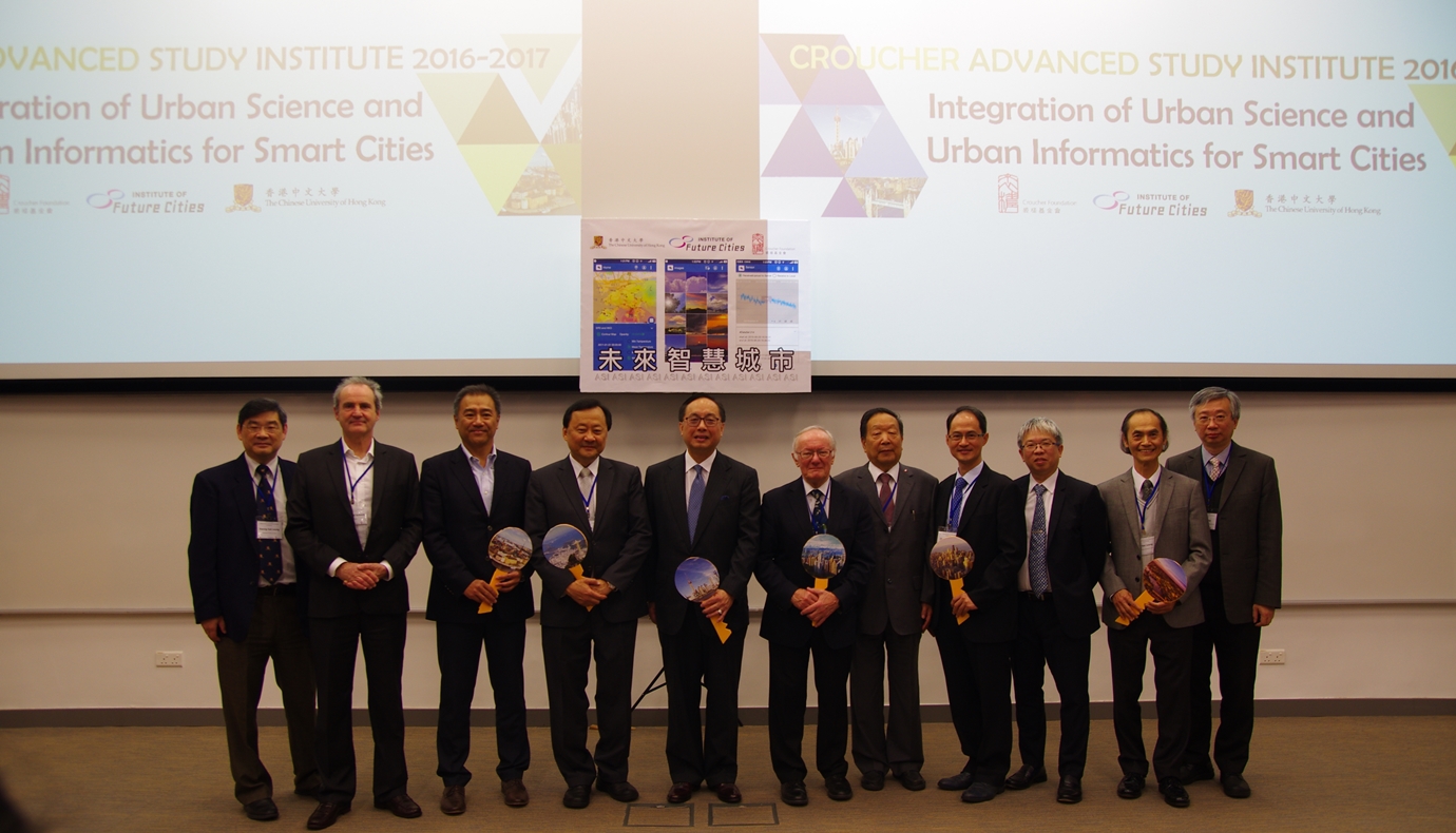 From left to right: Prof. Leung Kwong Sak, Associate Directors of IOFC,CUHK, Prof. Gerhard Schmitt, Professor of Information Architecture, Swiss Federal Institute of Technology in Zürich (ETH Zürich), Mr. Raymond K. W. Lee, Director of Planning, Planning Department, Prof. Benjamin Wah, Pro-Vice-Chancellor, CUHK, Mr. Nicholas W. Yang, Secretary for Innovation and Technology, Innovation and Technology Bureau, HKSAR Government, Prof. Michael Batty, Bartlett Professor of Planning, University College London, Prof. Deren Li, Director of the National Laboratory for Information Engineering in Surveying, Mapping and Remote Sensing, Wuhan University, Dr. C. M. Cheng, Assistant Director (Forecasting and Warning Services), Hong Kong Observatory, HKSAR Government, Prof. Chi Yue Chiu, Dean of Faculty of Social Science, CUHK and Prof. Yee Leung, Director of the Institute of Future Cities, CUHK.