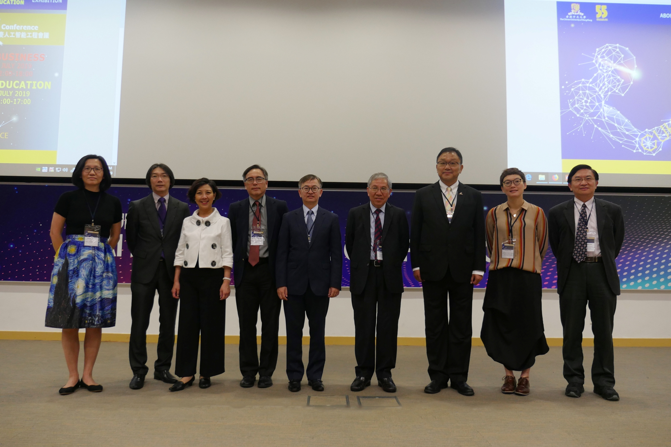 (From left) Dr. Xuemei Gu, CTO, Cainiao of Alibaba Group, Mr. Stephen Wai, Assistant Director, Principal Business &amp; Project Development, Logistics and Supply Chain MultiTech R&amp;D Centre, Dr. Stella Kwan, Chief Corporate Development Officer, Hong Kong Cyberport Management Company Limited, Professor Martin D.F. Wong, Dean, Faculty of Engineering, CUHK, Dr. David Wai-keung Chung, JP, Under Secretary for Innovation and Technology, Professor Chan Wai-yee, Pro-Vice-Chancellor / Vice-President of CUHK, Professor Wong Kam Fai, Associate Dean (External Affairs) of the Faculty of Engineering and Director of CINTEC, CUHK, Dr. Crystal Fok, Associate Director, MPE Cluster &amp; Robotics Platform, Hong Kong Science and Technology Parks Corporation, and Professor Michael Lyu, Chairman, Department of Computer Science and Engineering, CUHK.