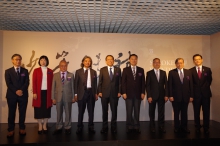 (From left) Prof. Lai Chi Tim, Acting Director of Institute of Chinese Studies, CUHK; Ms. Li Mei Sheung, Michelle, JP, Director of Leisure and Cultural Services ; Dr. Leung Nai Pang, Norman, GBS, OBE, JP, Council Chairman of The Council of CUHK; Prof. Wu Weishan, Director of The National Art Museum of China and Doctor of Literature, honoris causa, CUHK; Prof. Rocky S. Tuan, Vice-Chancellor and President, CUHK and Lee Quo Wei and Lee Yick Hoi Lun Professor of Tissue Engineering and Regenerative Medicine, CUHK; Mr. Xie Feng, Commissioner of the Ministry of Foreign Affairs of the People's Republic of China in the Hong Kong Special Administrative Region; Mr. Lau Kong Wah, JP, Secretary for Home Affairs; Mr. Christopher Mok, Chairman of the Advisory Committee of the Art Museum, CUHK and Prof. Yiu Chun Chong, Josh, Director of the Art Museum, CUHK officiate at the ribbon-cutting ceremony for the exhibition.