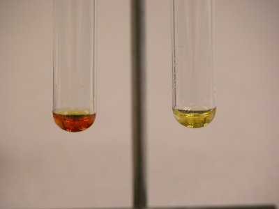 image: Fe3+ solution + NaOH and Fe3+(EDTA) solution + NaOH in the left and the right test tubes respectively