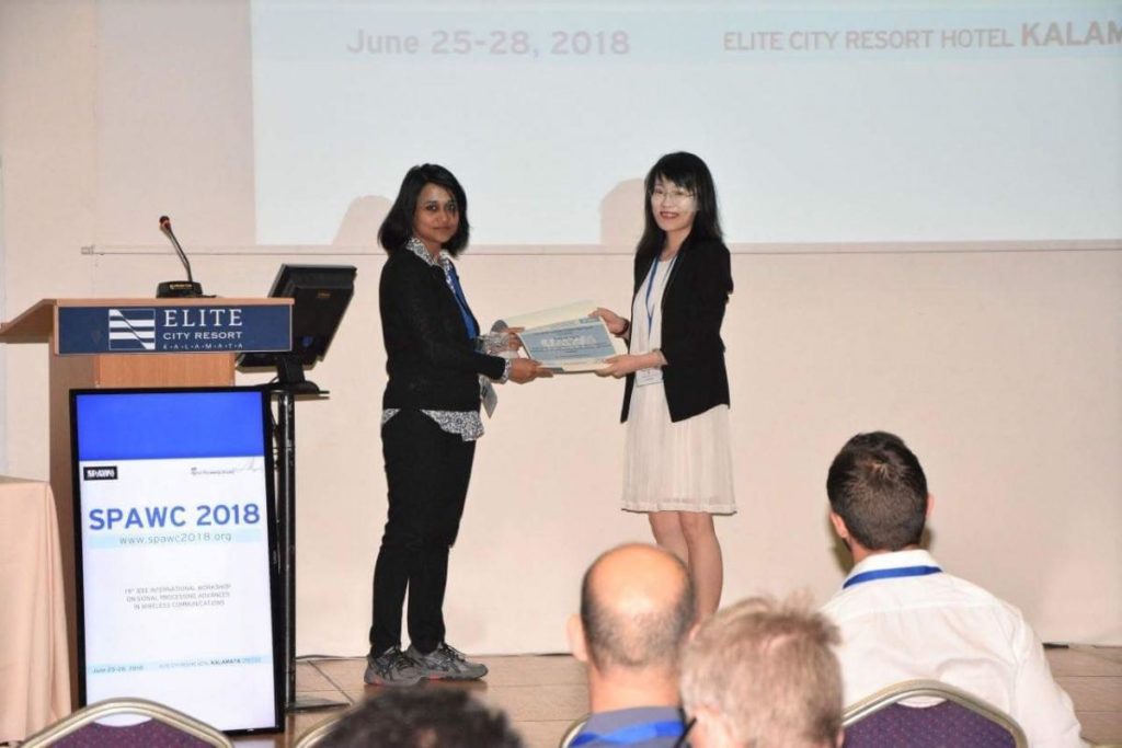 Ms Sherry Ni receives the Best Student Paper Award at the 19th IEEE International Workshop on Signal Processing Advances in Wireless Communications (SPAWC 2018)