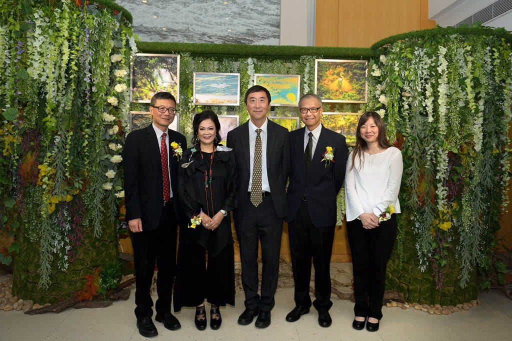 Officiating guests: (from left) Professor FONG Wing Ping, Head of  CCC; Mrs. Carol TSANG, Trustee of CCC and Artist of the Exhibition; Professor Joseph J Y SUNG, Former Vice-Chancellor and President and Mok Hing Yiu Professor of Medicine, CUHK; Mr. Thomas KWONG, Trustee and Chairman of the Steering Committee for Development Office, CCC; and Professor KWONG Ho Yee, Chairperson of the Art Promotion Committee, CCC.