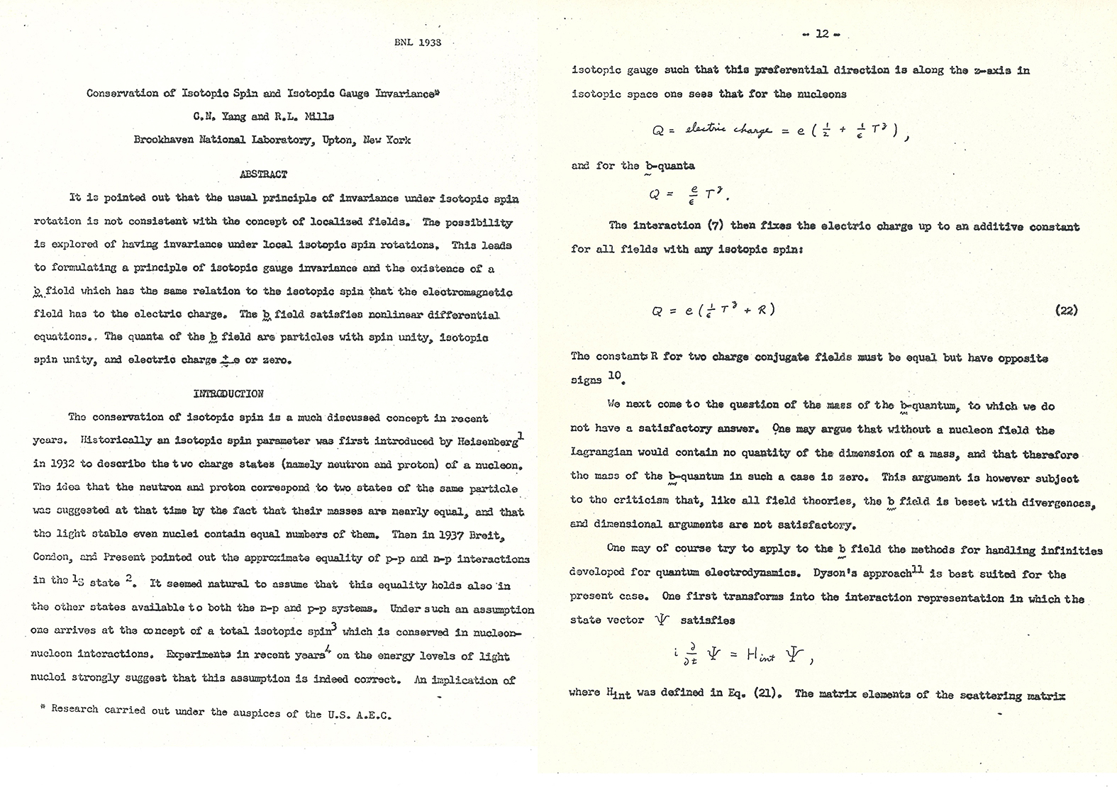 Typewritten manuscript of Yang-Mills theory published in 1954