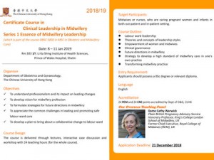 2019.01.08-11 Certificate Course in Clinical Leadership in Midwifery Series 1 Essence of Midwifery Leadership @ Rm 303 3/F, Li Ka Shing Institute of Health Sciences, Prince of Wales Hospital, Shatin