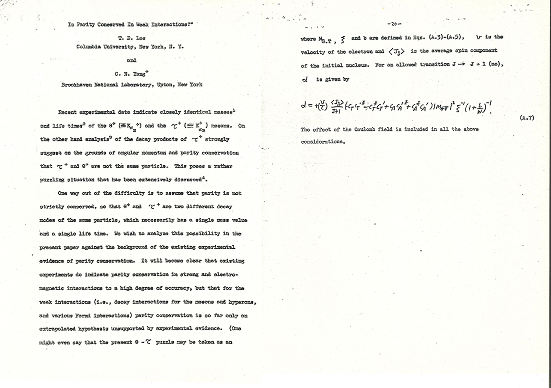 Typewritten manuscript of Question of Parity Conservation in Weak Interaction published in 1956