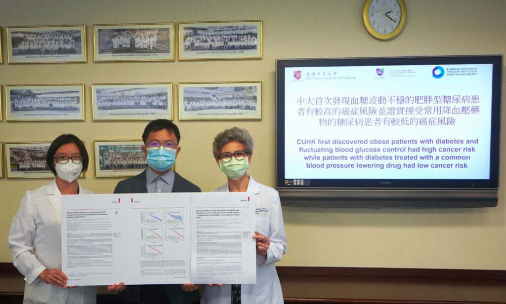 Researchers at CU Medicine have reported two major findings related to cancer risk in patients with diabetes using big data. They first discovered that overweight or obese patients with diabetes and marked fluctuation in blood glucose control had 50% increased risk of cancer while patients with diabetes treated with RASi, a common class of blood pressure lowering drug, had a 50% lower risk of cancer.<br />
Research team members include (from right) Professor Juliana Chan, Chair Professor of Medicine and Therapeutics at CU Medicine and Director of the Hong Kong Institute of Diabetes and Obesity; Dr Aimin Yang, Research Assistant Professor and Dr Elaine Chow, Assistant Professor in the Department of Medicine and Therapeutics at CU Medicine.