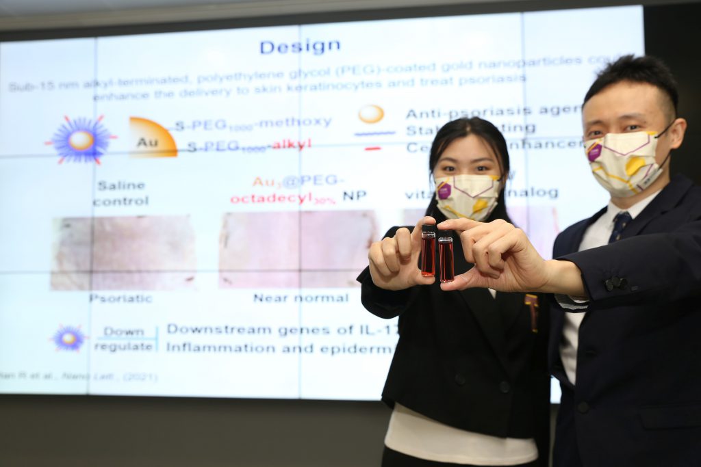 (right) Professor Jonathan Chung Hang CHOI, Associate Professor, and (left) Ms. Alisa Ruifang HAN, PhD student, Department of Biomedical Engineering, Faculty of Engineering display the new nanoparticles mixing with saline.