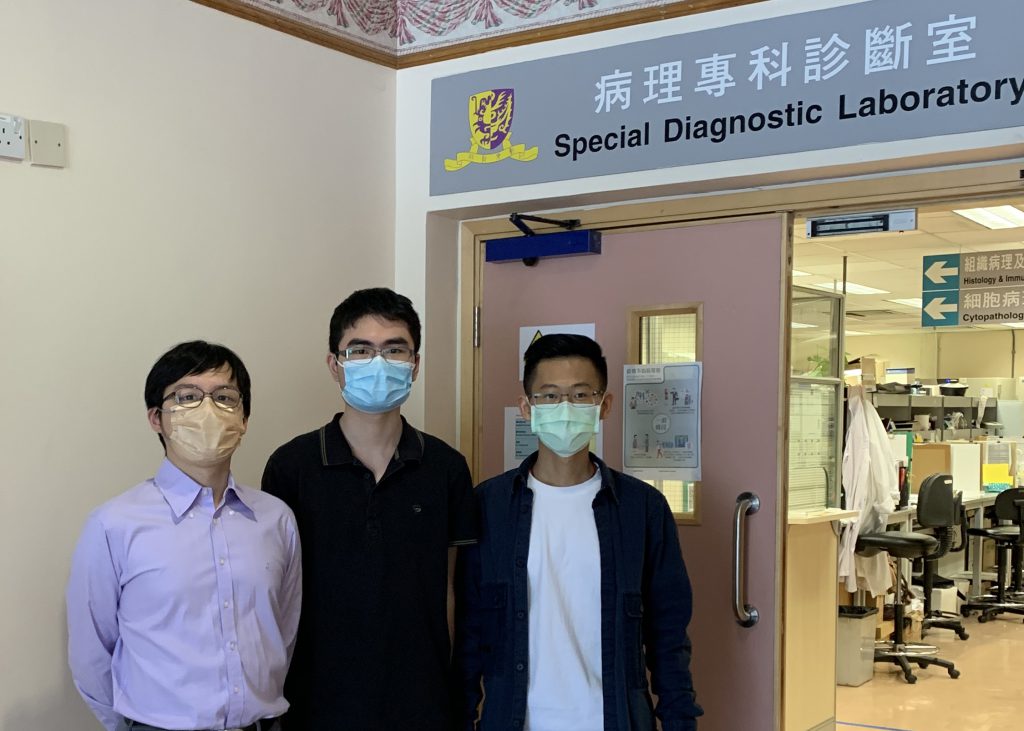 CUHK Year 3 medical students Wilson MUI (left) and Brian CHAN (centre), joined the Summer Attachment Programme organised by the Department of Anatomical and Cellular Pathology to perform medical research. They were responsible for the bioinformatics and clinical correlation analysis, functional tests, and Western blot analysis in this study. Wilson also took part in figure organisation and wrote the manuscript, with postgraduate student Bonan CHEN (right).