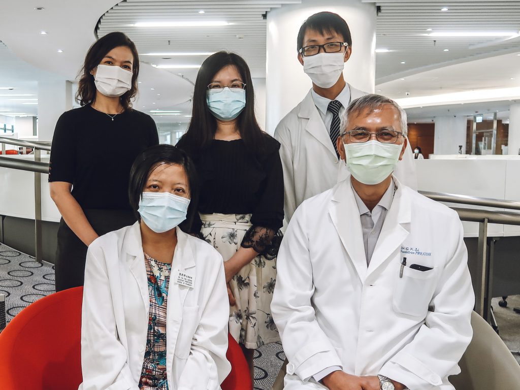 Members of the research team include: (back, from left) Dr. Celeste EWIG, Senior Lecturer, School of Pharmacy; Dr. Katy KOON, Assistant Lecturer, School of Chinese Medicine; Mr. Jason LAM, Pharmacist and MPhil student, School of Pharmacy; (front, from left) Professor Yin Ting CHEUNG, Assistant Professor, School of Pharmacy; and Professor Chi Kong LI, Professor, Department of Paediatrics; at CU Medicine.