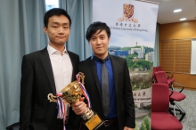 The project of 'the Continuous Blood Pressure Monitoring System from Face Recognition' by LO Po Wen (right) and WANG Chaoqun from the Department of Electronic Engineering wins a First-Class Award of Information Technology.