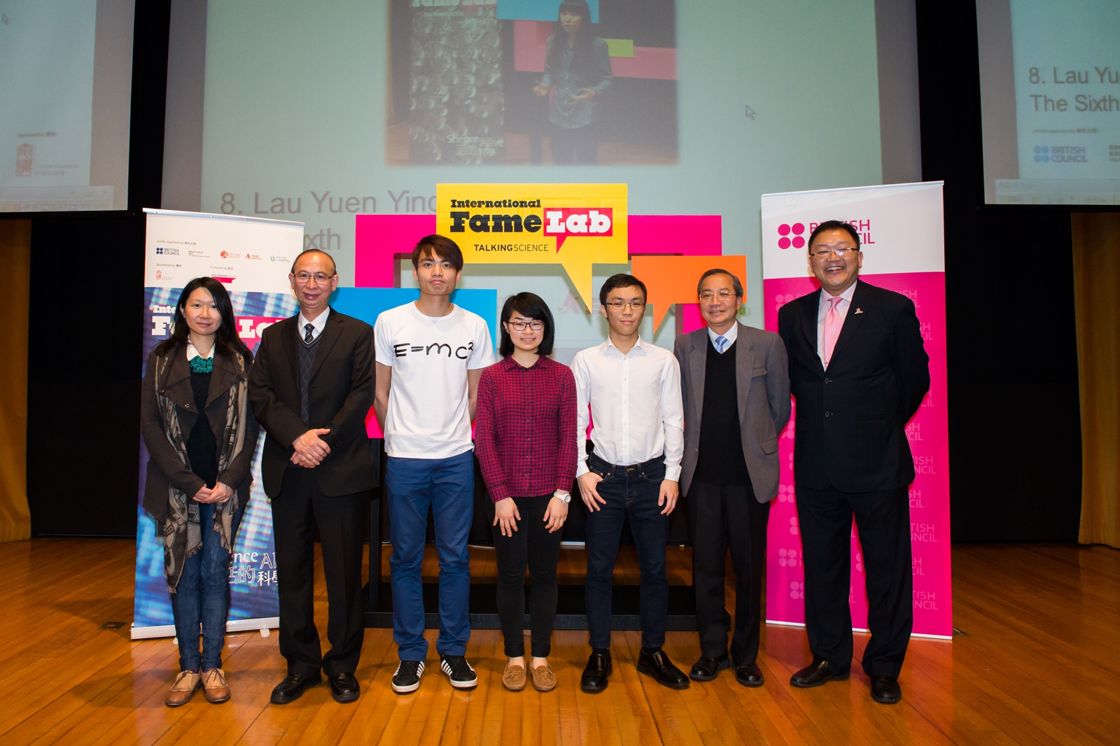 CUHK professors and students at the FameLab 2015 Hong Kong Grand Finals.  From left: Prof. Rossa Chiu, Assistant Dean of the Faculty of Medicine; Prof. Leung Kwok-nam, Associate Dean of the Faculty of Science; Albert Law, 2nd runner-up; Nancy Law, Grand Winner and winner of Audience Choice Award; Ooi Hon-son, finalist; Prof. Dickon Ng, Associate Dean of the Faculty of Science; and  Prof. Wong Kam-fai, Associate Dean of the Faculty of Engineering, CUHK. (Photo courtesy: British Council Hong Kong)