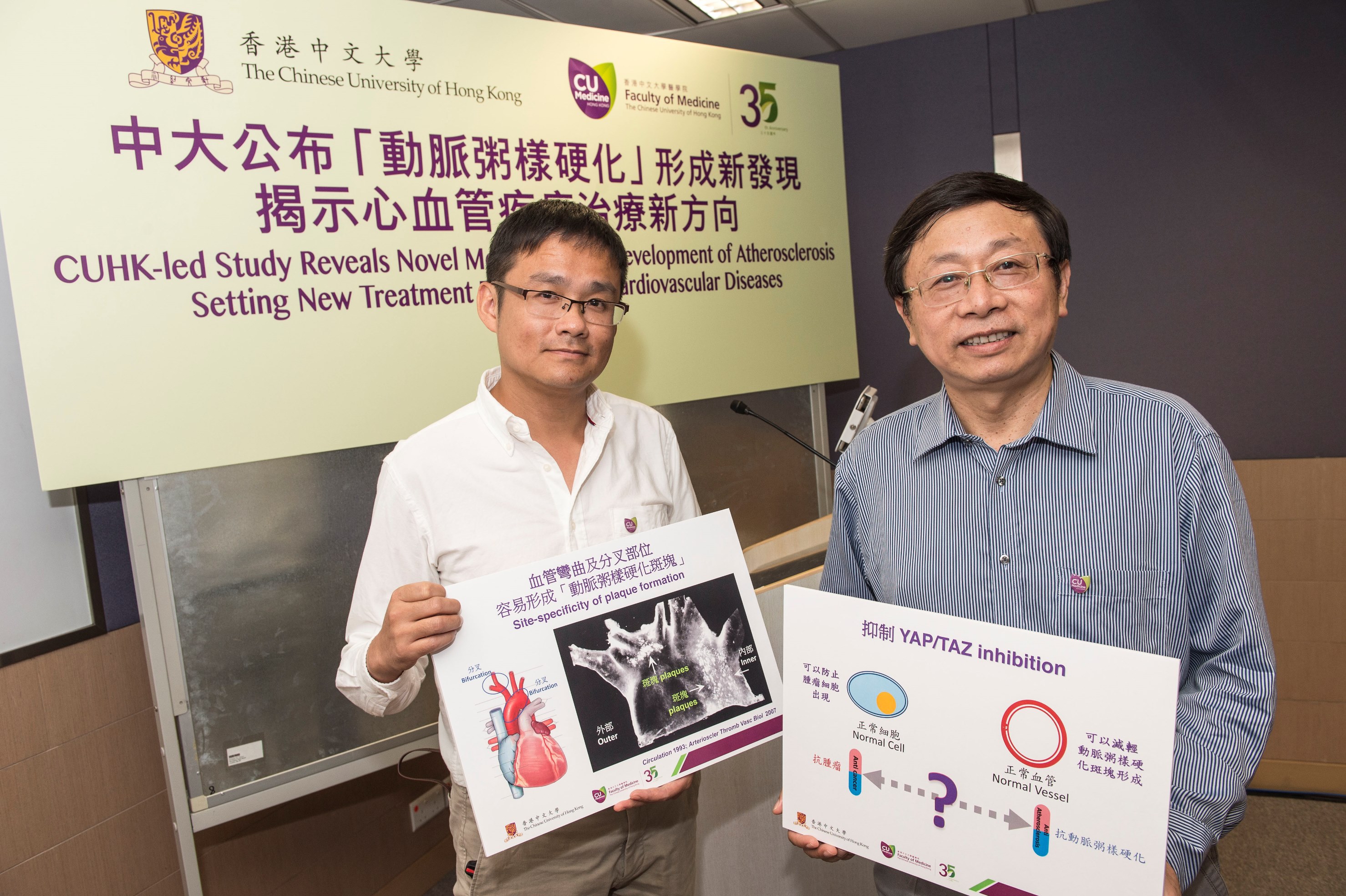 A transregional study led by the Faculty of Medicine at CUHK reveals novel mechanism for the development of atherosclerosis, setting new treatment directions to cardiovascular diseases. (Right) Prof. Yu HUANG, Professor of the School of Biomedical Sciences and Director of the Institute of Vascular Medicine &amp; Dr. Li WANG, postdoctoral researcher of the School of Biomedical Sciences, Faculty of Medicine, CUHK.