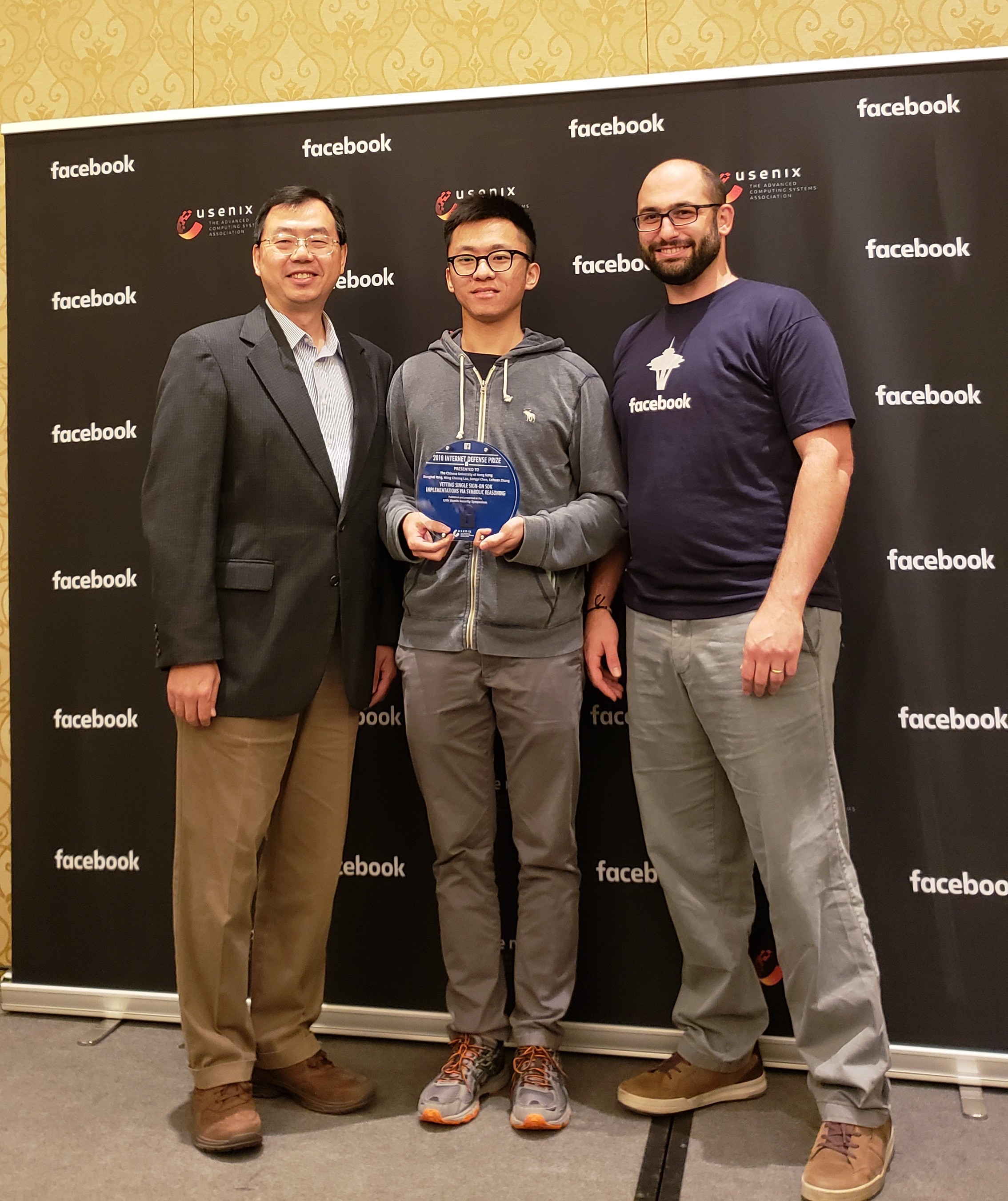 (From right) Dr. Nektarios Leontiadis, Research Scientist of Facebook, Mr. Jiongyi Chen and Prof. Wing Cheong Lau.