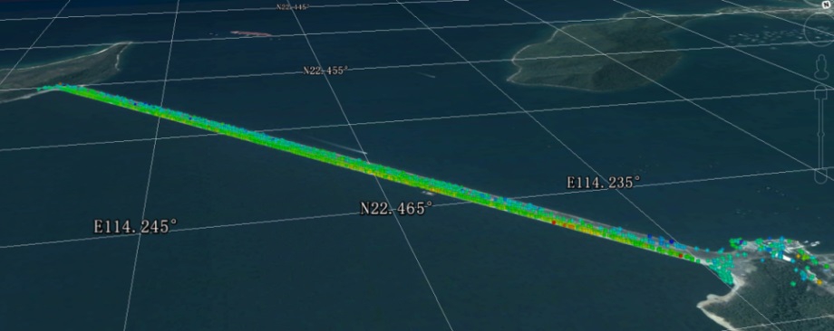 The deformation of the dam of Plover Cove Reservoir. The color represents the deformation velocity from May 2008 to March 2013 in the direction of a radar line of sight visualized in the range of (-2.5 mm/year (red), 1.5 mm/year (violet)).