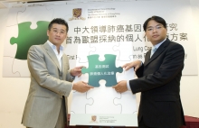 Professor Tony SK MOK (left), Professor, and Dr. KC LAM, Clinical Assistant Professor (honorary) of the Department of Clinical Oncology, CUHK, put togther a puzzle, symbolizing lung cancer treatment will be tailor-made for patients as personalized treatment