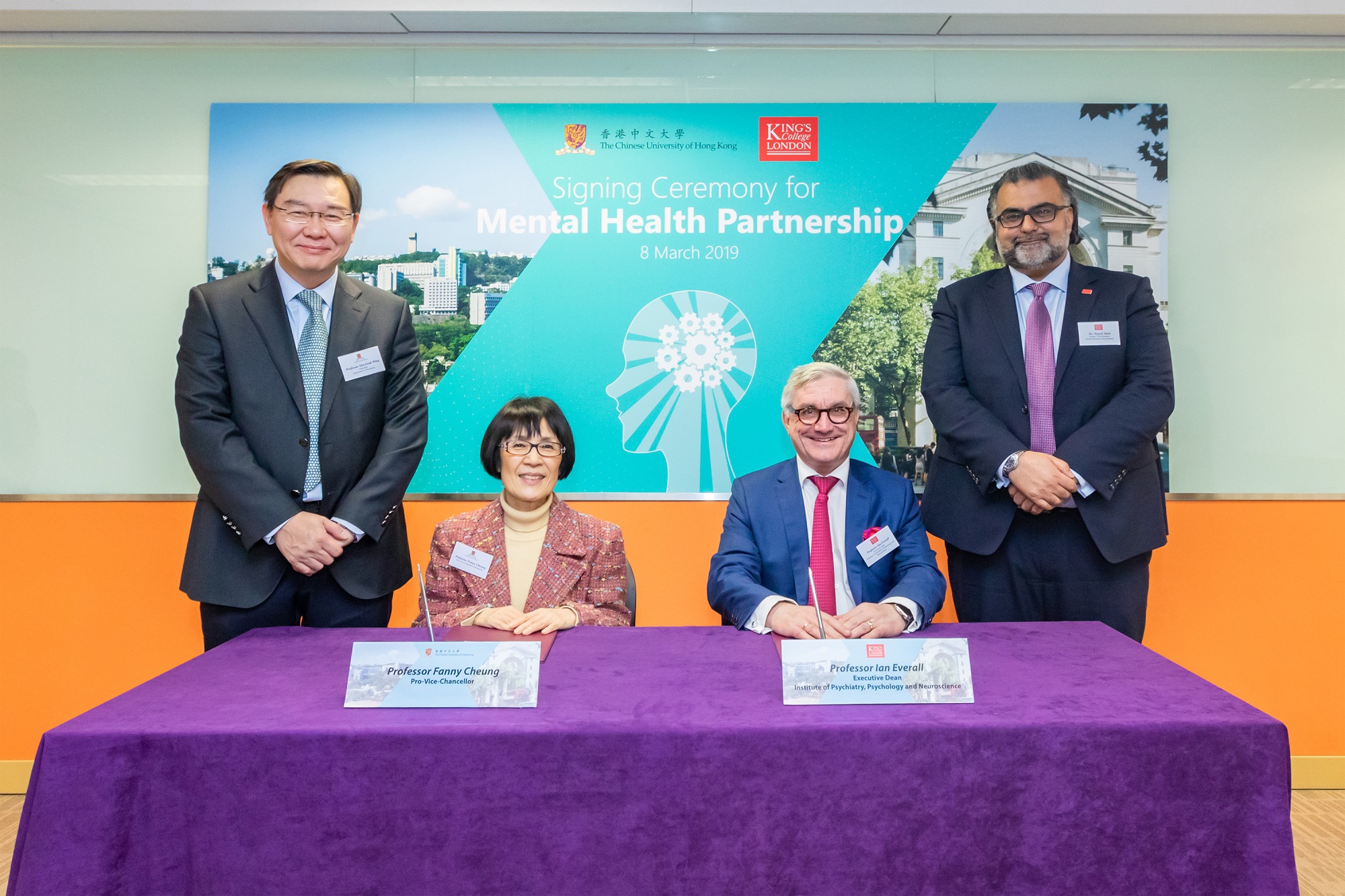 CUHK and KCL join hands to advance mental health care in Hong Kong by adopting novel technologies. 
[From left: Prof. Yun Kwok WING, Chairman of the Department of Psychiatry, Faculty of Medicine at CUHK; Prof. Fanny CHEUNG, Pro-Vice-Chancellor of CUHK; Prof. Ian EVERALL, Executive Dean of the Institute of Psychiatry, Psychology, and Neuroscience at KCL; and Mr. Tayyeb SHAH, Deputy Vice President (Global Business Development) of KCL.]