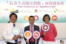 Mr. Leong CHEUNG, Executive Director, Charities and Community, HKJC (middle);  Prof. Jean WOO, Director, CUHK Jockey Club Institute of Ageing (right); and Prof. WONG Hung, Management Committee Member of the Institute.