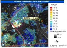 图三、雷达卫星图像分析的结果显示北滘职业技术学校地区的地面沉降速度。