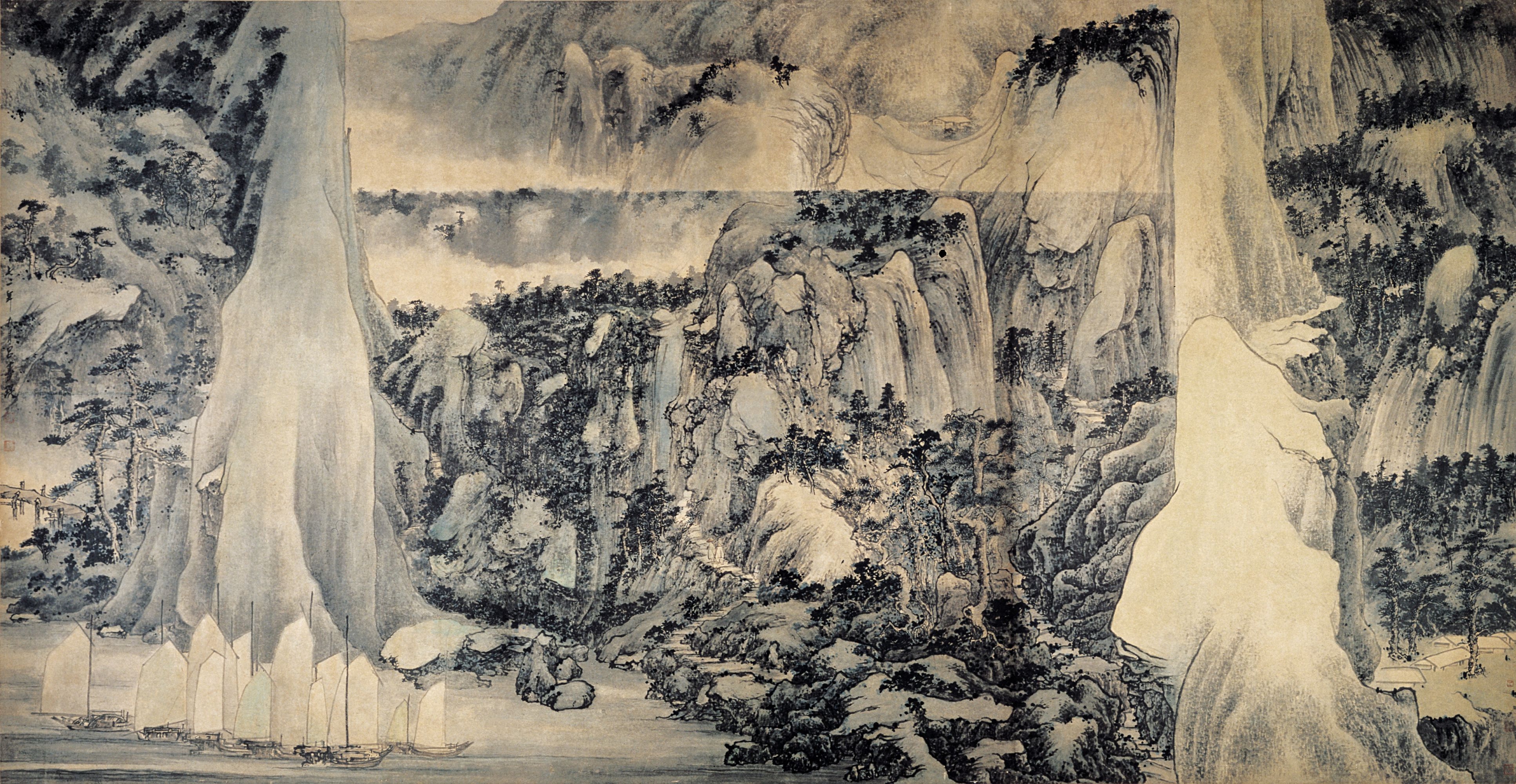 山水横幅
1971 年
纸本设色
191 x 364 厘米
香港中文大学收藏
藏品编号：1993.0248
利园酒店惠赠
本作是受利园酒店委托创作，呈现了香港海湾帆船穿梭如织的繁忙景象。虽然是以传统笔墨进行创作，但两侧矗立的山峰与中间的「地平线」构成了英文「Hotel(酒店)」的第一个字母「H」——以此向香港英治时期最豪华的酒店致意。