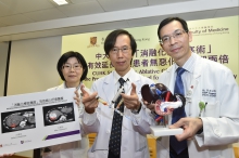 A study conducted by a multidisciplinary team of the Faculty of Medicine at CUHK proved that a new transarterial treatment named “Ablative Chemoembolization” (ACE) could double the progression-free survival of liver cancer patients at the intermediate stage, compared with conventional treatment. ACE is more effective in killing tumour cells of liver cancer patients and some of them could receive hepatectomy, with the aim of curing the disease.

From left: Prof. Winnie YEO, Professor of the Department of Clinical Oncology; Prof. Simon YU, Chairman of the Department of Imaging and Interventional Radiology; Dr. Kit Fai LEE, Clinical Associate Professor (honorary) of the Department of Surgery, from the Faculty of Medicine at CUHK.