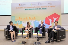 (From left) Prof. Jean Woo, Director, CUHK Jockey Club Institute of Ageing; Prof. Cecilia Chan, Project Director, Jockey Club End-of-Life Community Care Project and Professor, Department of Social Work and Social Administration, The University of Hong Kong; Dr. Raymond Lo, Honorary Clinical Professor, Department of Medicine & Therapeutics, CUHK and Consultant and Chief of Service, Palliative Care Services New Territories East Cluster, Hospital Authority; and Dr. Derrick Au, Director, CUHK Centre for Bioethics; exchange their views in a panel discussion section.