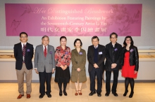 (From left) Prof. Josh Yiu, Director of the Art Museum, CUHK; Mr. Christopher Mok, Chairman, Advisory Committee, Art Museum, CUHK; Ms. Qi Yaolan, Director of Retirement Services, the Palace Museum; Prof. Wong Suk Ying, Associate Vice- President, CUHK; Prof. Leung Yuen-sang, Director of the Institute of Chinese Studies, CUHK; Prof. Harold Mok, Chairman, Department of Fine Arts, CUHK and Dr. Sylvia W.S. Lee, Curator of the Exhibition, officiate at the ribbon-cutting ceremony for the exhibition.