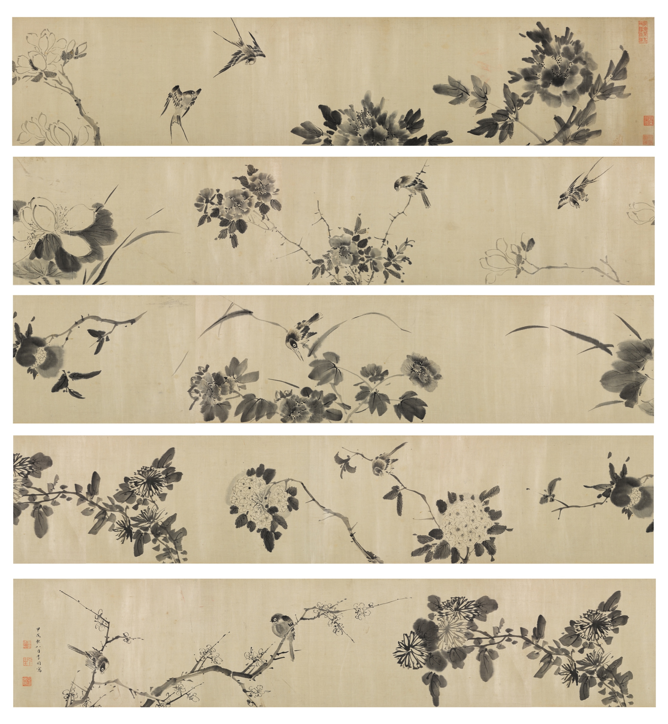 李因《花鸟图》（局部）
1634 年；手卷；绫本水墨；25 x 629.5 厘米
上海博物馆（41580）