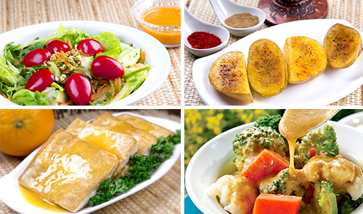 <em>Clockwise from top left: green-bean-sprout salad, baked potatoes with spices, mixed vegetables with nutritious sauces, and baked tofu with citrus sauce</em>