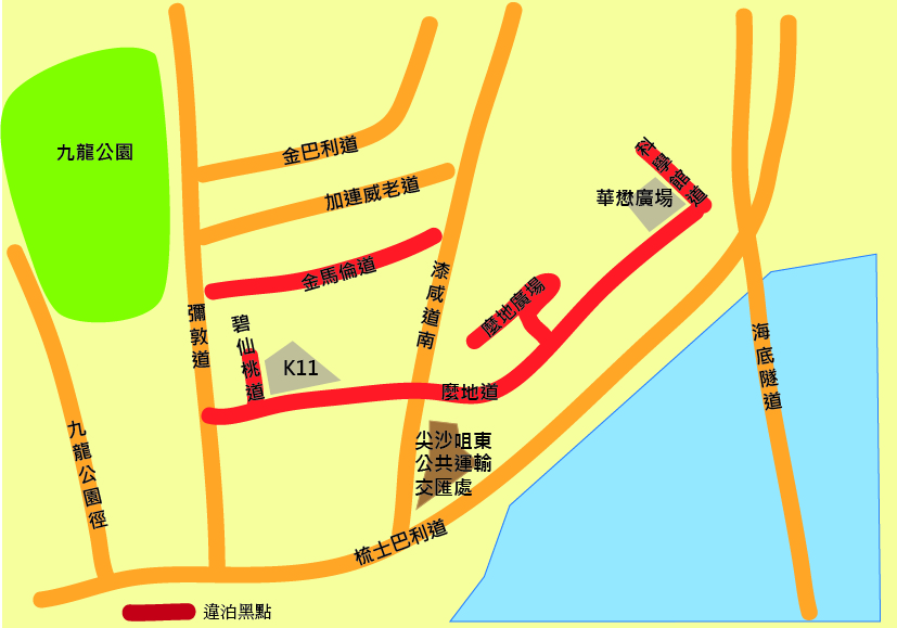 (地圖標示尖沙嘴旅遊巴違例泊車黑點、建議改建之巴士交匯處)