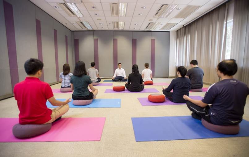 Study participants having mindfulness group practice.