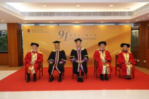 (From left) Professor Sir Michael Marmot, CUHK Vice-Chancellor and President Professor Rocky S. Tuan,  Chairman of the CUHK Council Professor John Y. Chai, Professor Joseph Sung Jao-yiu, and Ms Irene Lee Yun-lien.